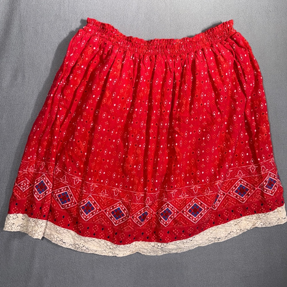 True‎ Craft 0X Red Geometric Boho Lace Trim Mini Skirt Western Festival Cowgirl